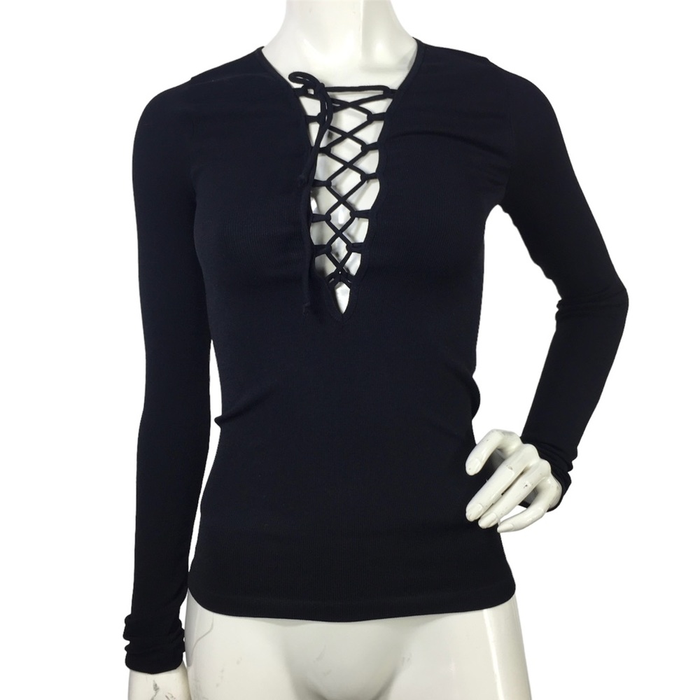 Free People Ribbed Long Sleeve Top Black M/L - Picture 3 of 15